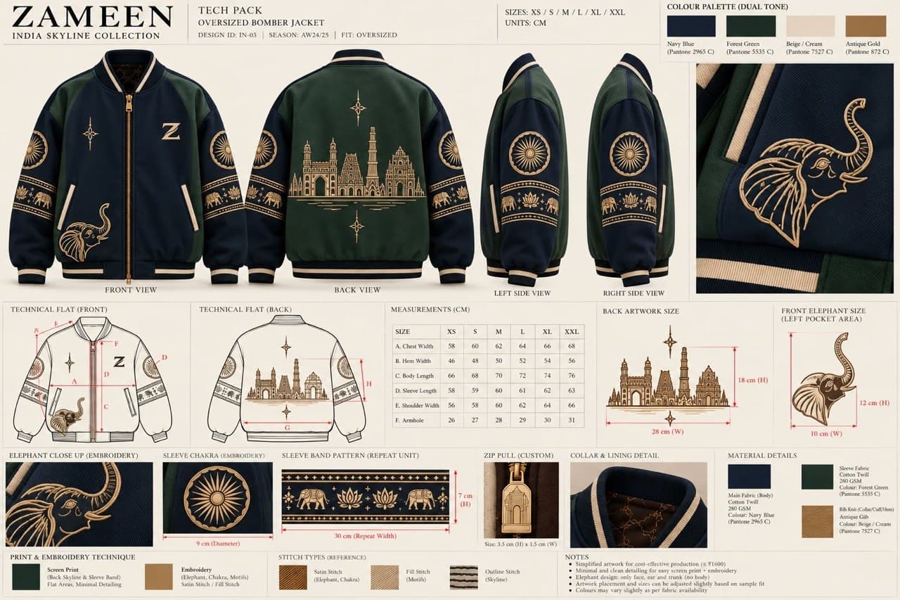 India Skyline jacket design reference showing front, back and embroidered details