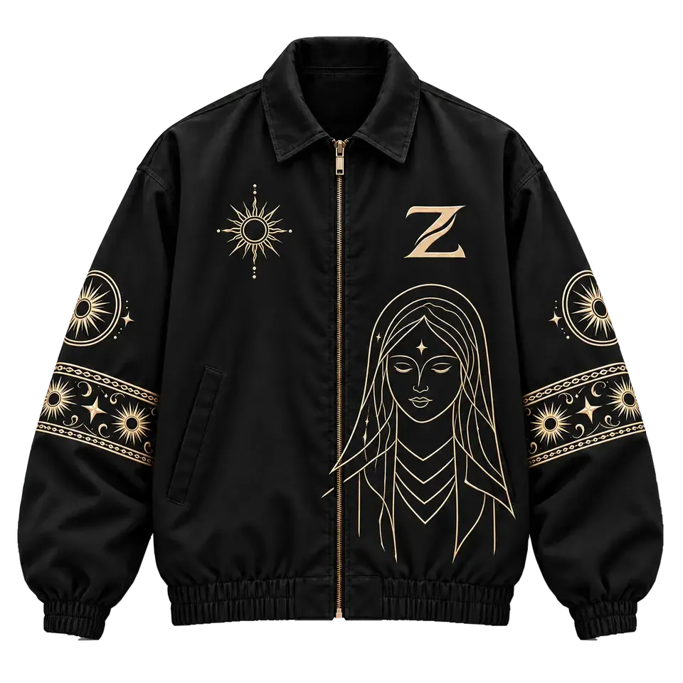 One Culture Jacket, front: black work jacket with tonal gold line embroidery of a portrait, a radiant sun and the Z monogram